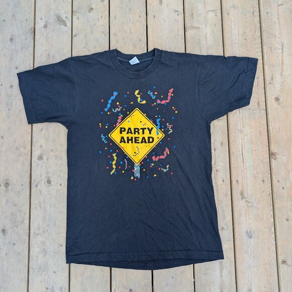 Vintage 90s Fruit of the Loom T-Shirt Men L Black Party Ahead Single Stitch - Picture 1 of 9